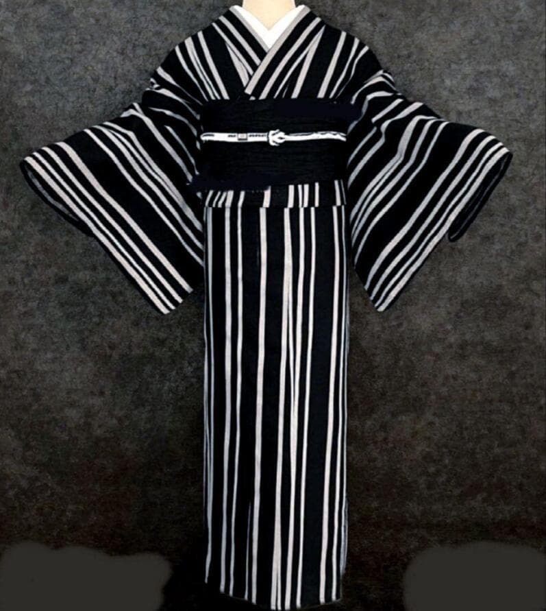 お任せ白帯つき◆■最高級しじら織浴衣 波縞紺■反物染め抜きの抜染■