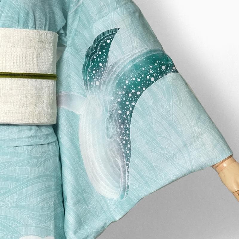 ★ミントグリーン地にクジラと波柄★めずらしい絵羽浴衣★夏きもの大人の浴衣