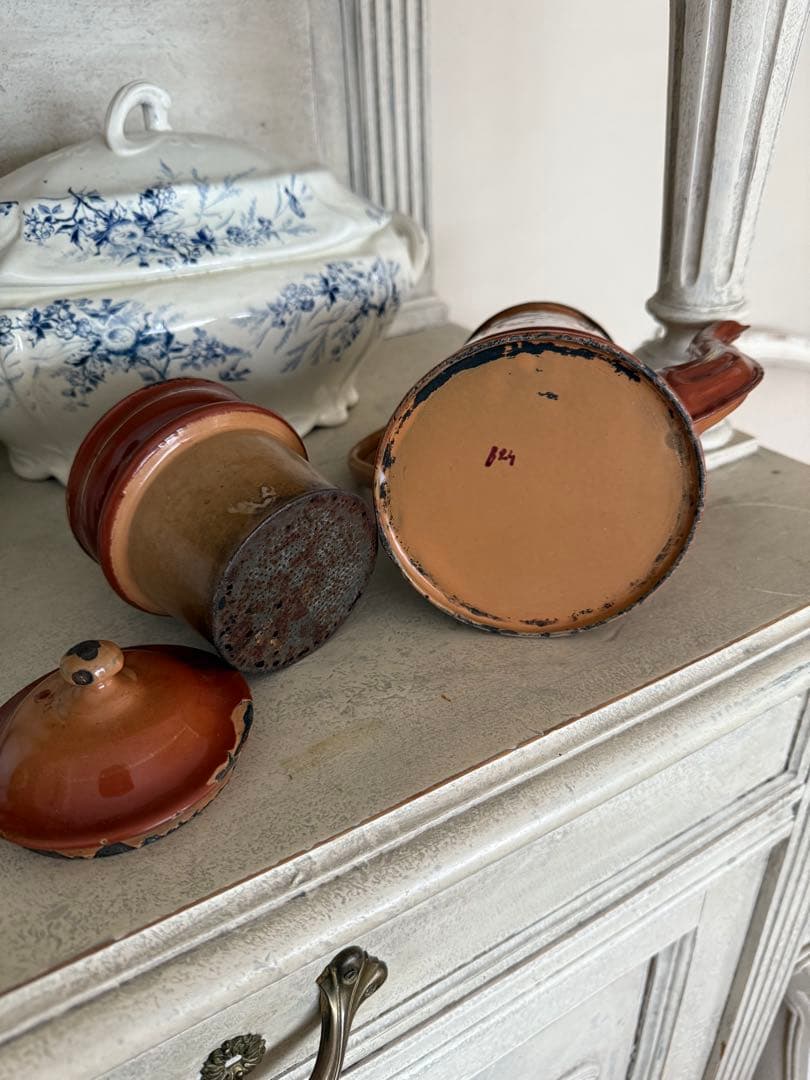 フランスアンティークホーロー秋色茶色グラデーションフクシア柄コーヒービギンポット