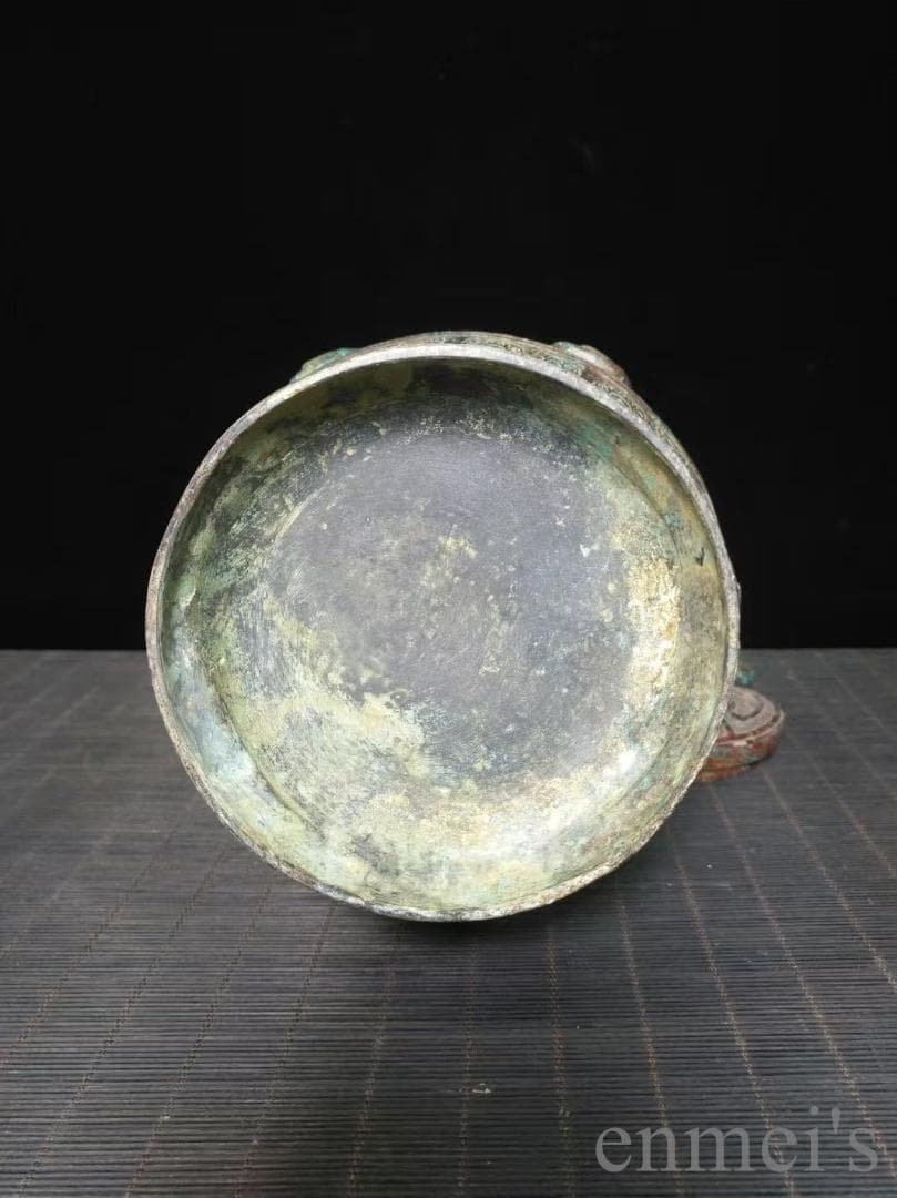 中国古美術 旧蔵 戦国款 青銅 銘文 礼器《夔龍耳提鏈壺》純銅製 高浮彫 古美味