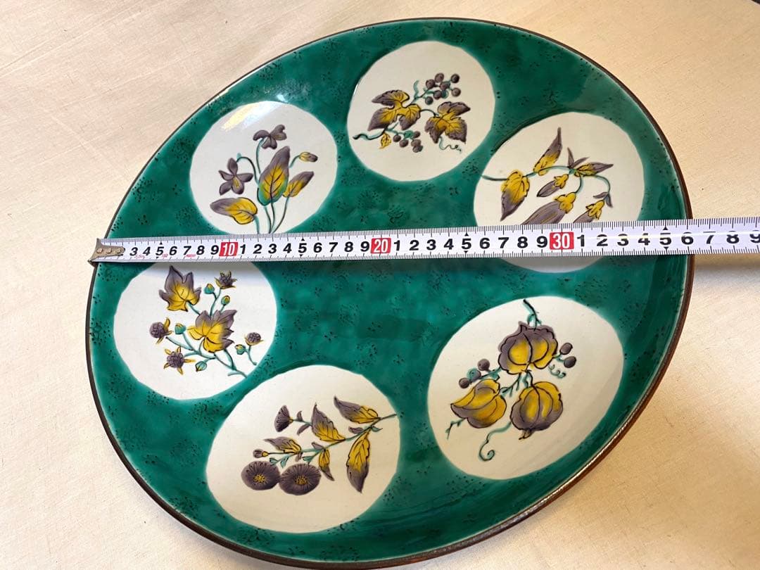 九谷　古九谷　青九谷　色絵　大皿　花の図