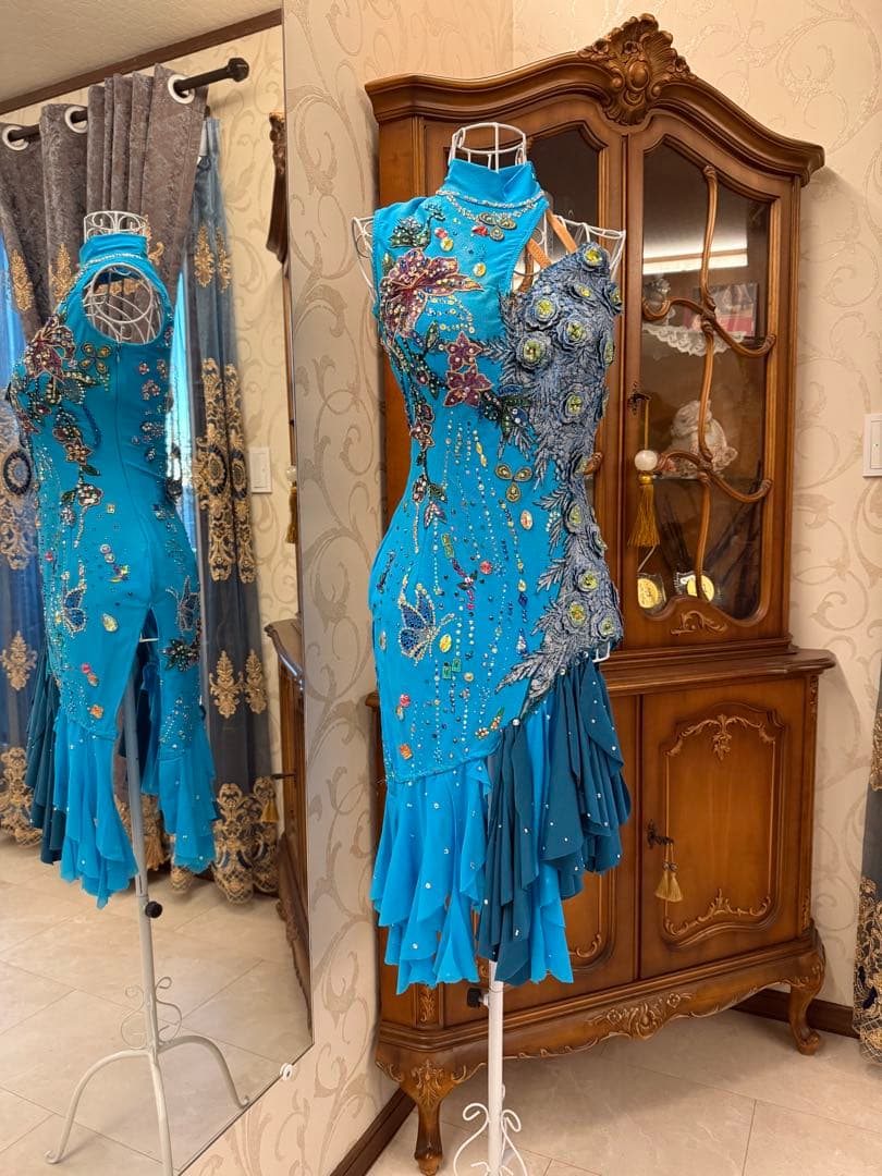 社交ダンス　ブルー　ラテン　ドレス　MＬ