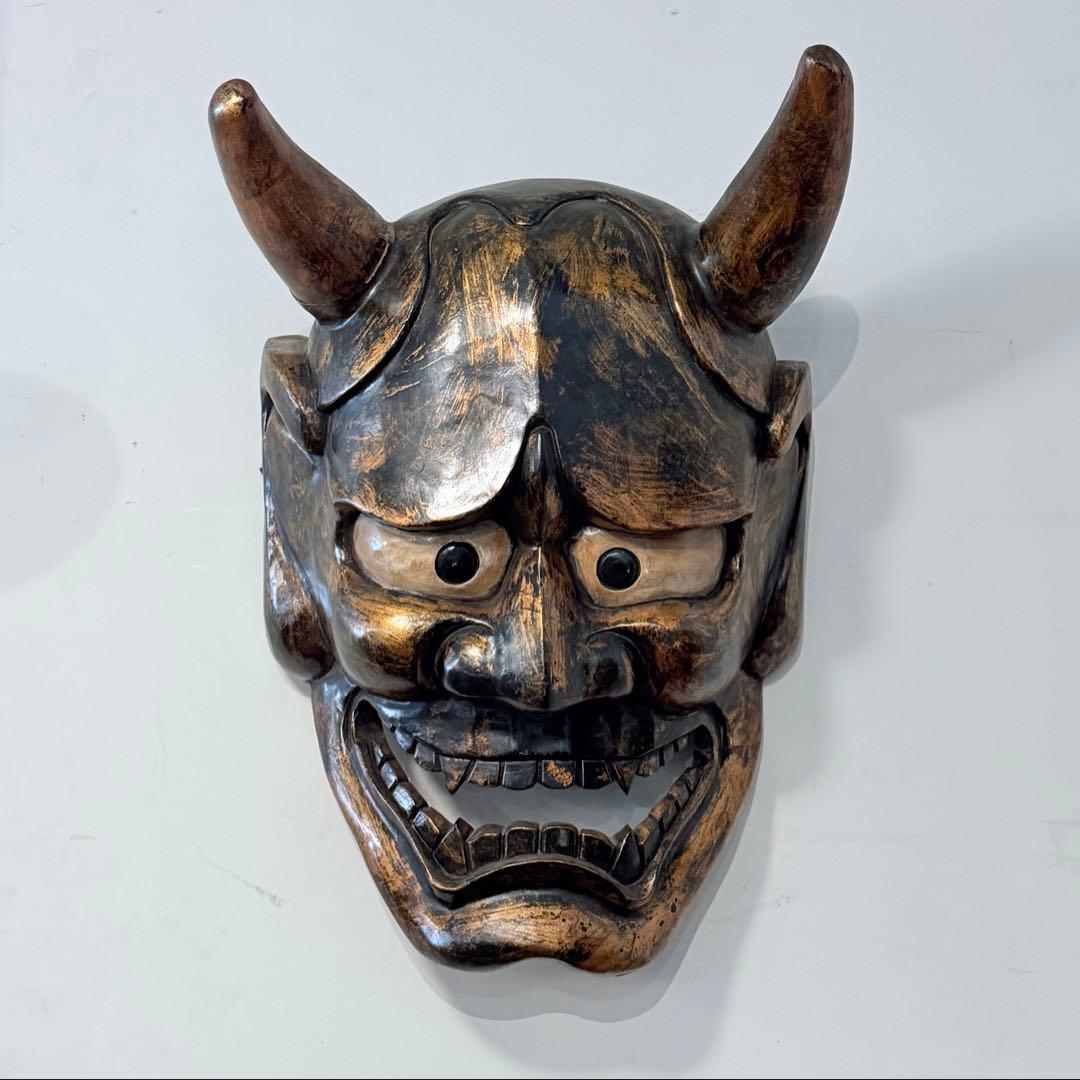 時代年代物 特大 木彫 塗金黒漆 般若 お面 壁飾り 縦約70㎝ 能面 東洋彫刻