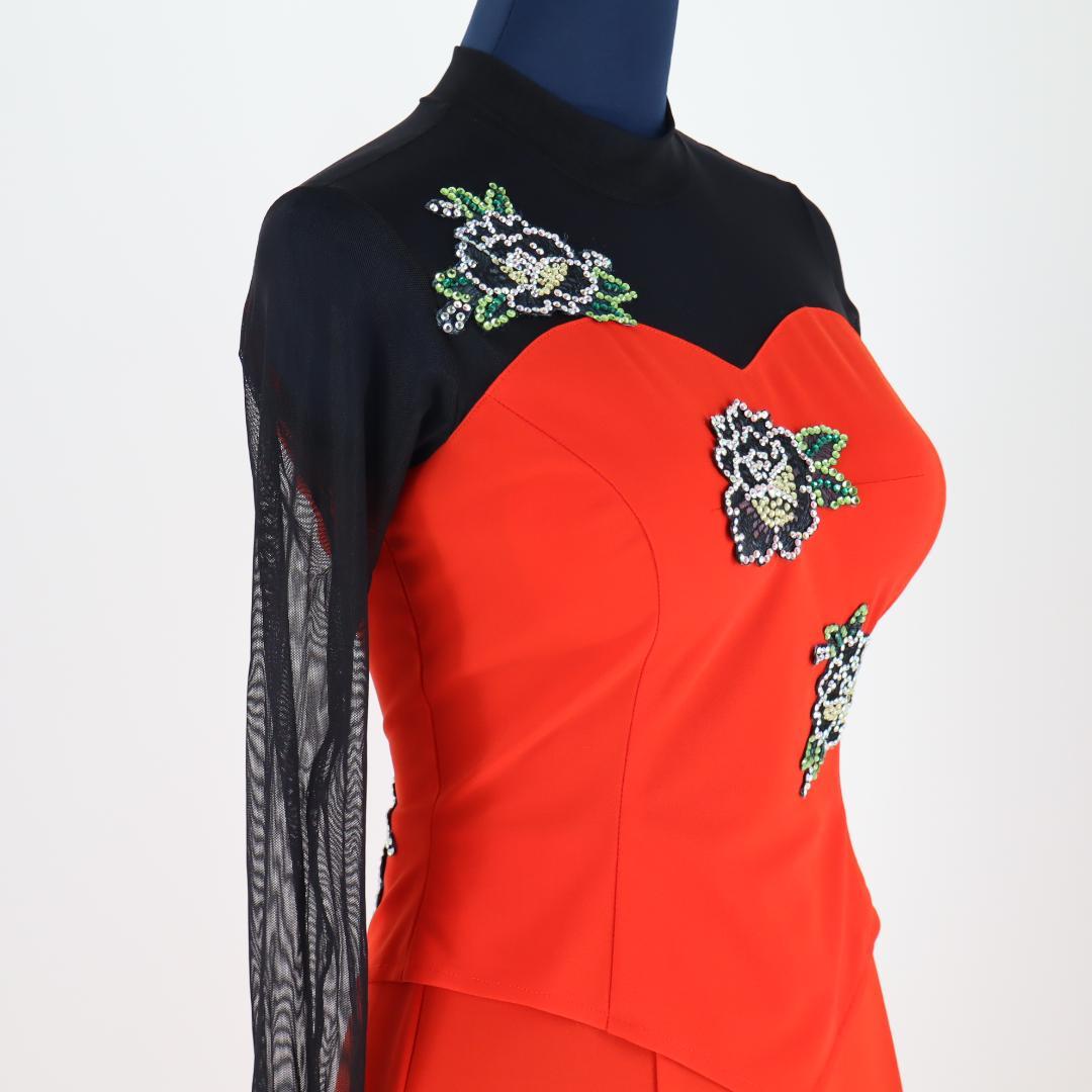 【美品社交ダンス衣装】豪華ラインストーン花装飾 サンヨシムラ ブラウス スカート