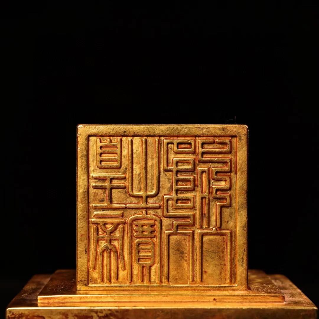 中国古美術・旧蔵鏨刻鎏金錾花の親子印鑑・純銅赤銅製・高浮彫・置物・書道具・文房具