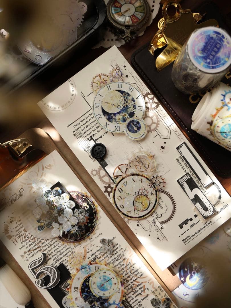 【9484】海外　5m巻　貝殻光マスキングテープ　星時計　カラフル　装飾系