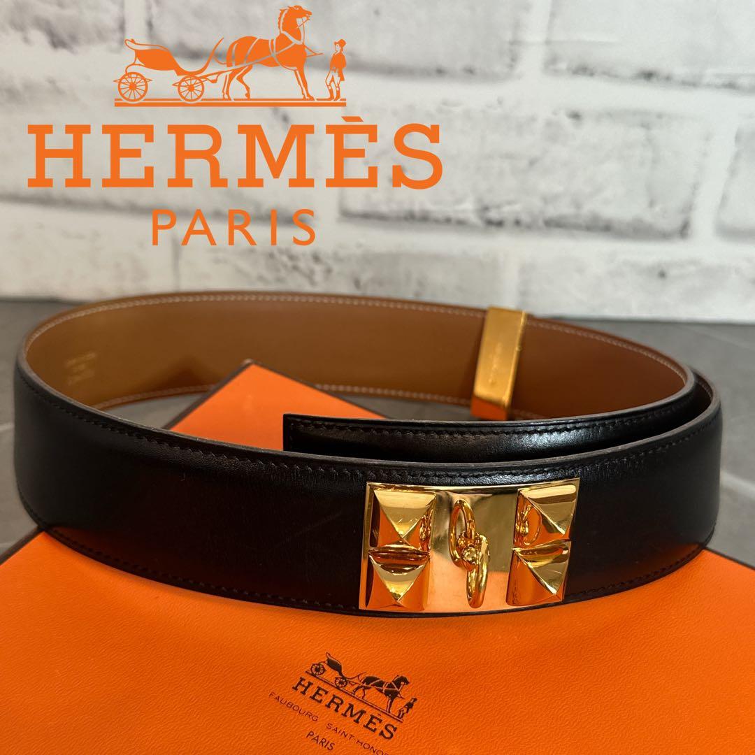 HERMES エルメス ベルト 《コリエ・ド・シアン》 ブラック ゴールド◯V刻