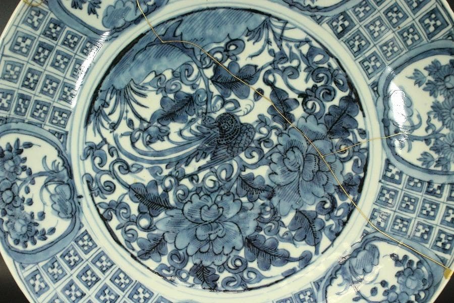 中国美術 呉須 青花 花鳥紋 大盤 φ42cm 明 時代箱(LC112)