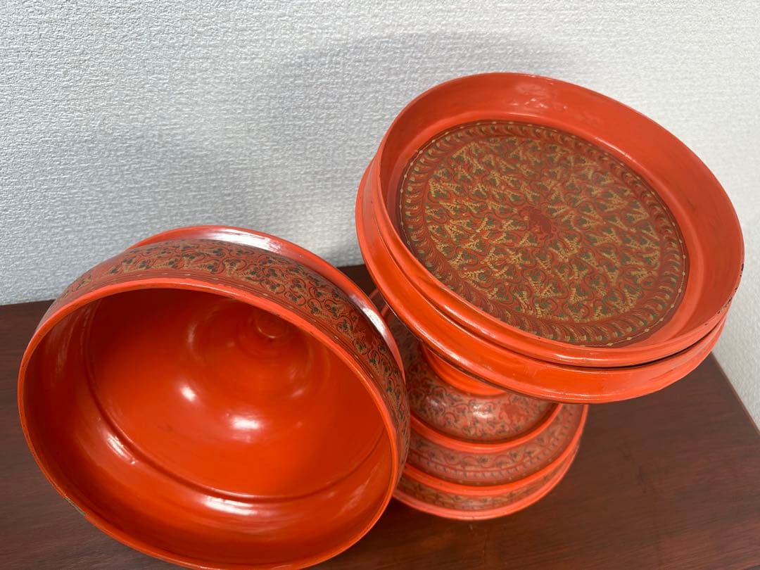 ミャンマー アンティーク 漆器 蒟醤 仏塔形 供物器 高さ約62cm ※31※