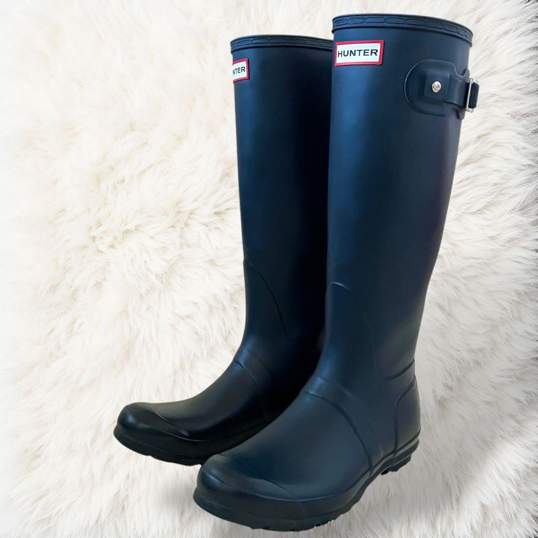 バックル ネイビー ハンター レインブーツ 24.0cm US7 38 ロング