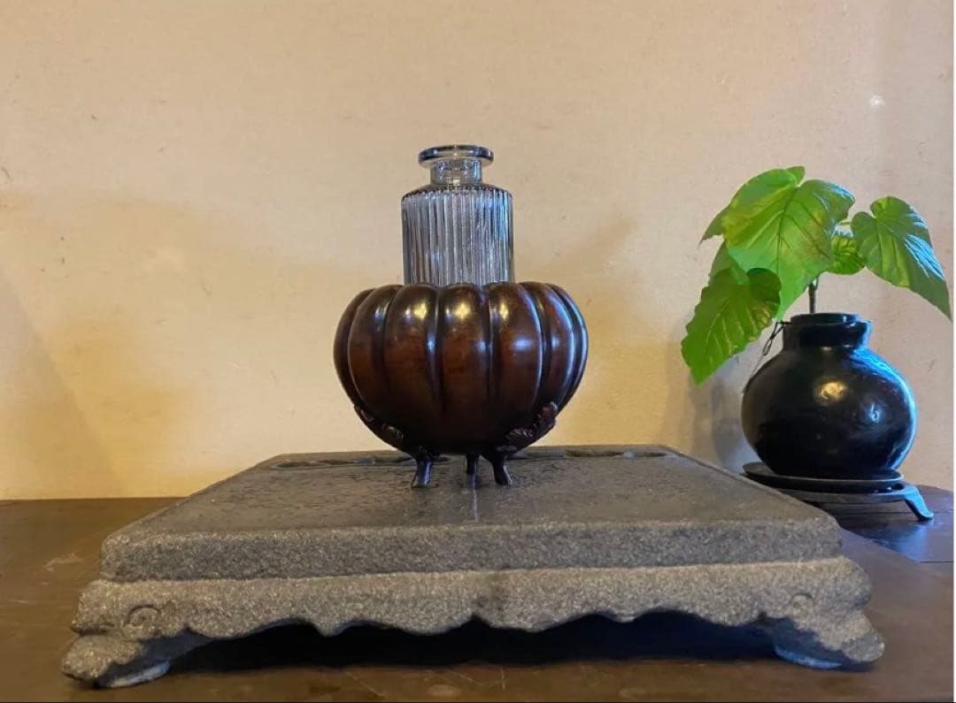 美品　精銅製カボチャ型3足香炉　ミニ色ガラスボトル付　２点セット アンティーク