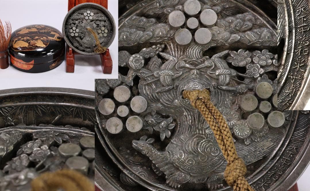 前田家伝来　江戸期　天下一中嶋和泉守貞次作　松竹梅五曜玄武紋様　古鏡　蒔絵共箱