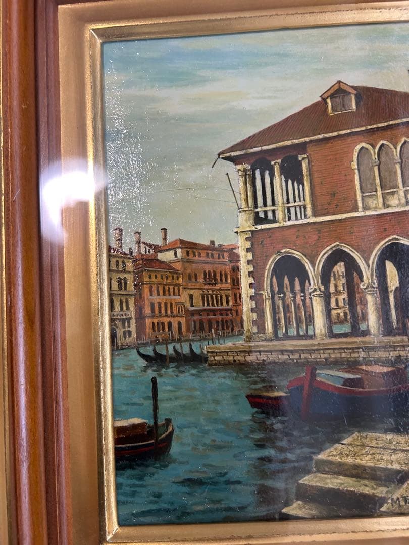 玉之内満雄[ベニス] ヴェネツィアの風景 油彩画 金色フレーム