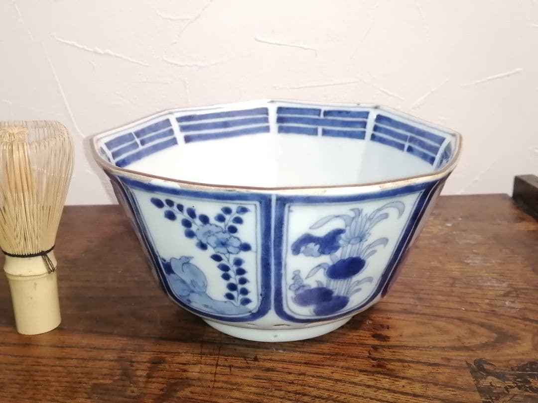 江戸時代 古伊万里 染付 花鳥文様 八角鉢