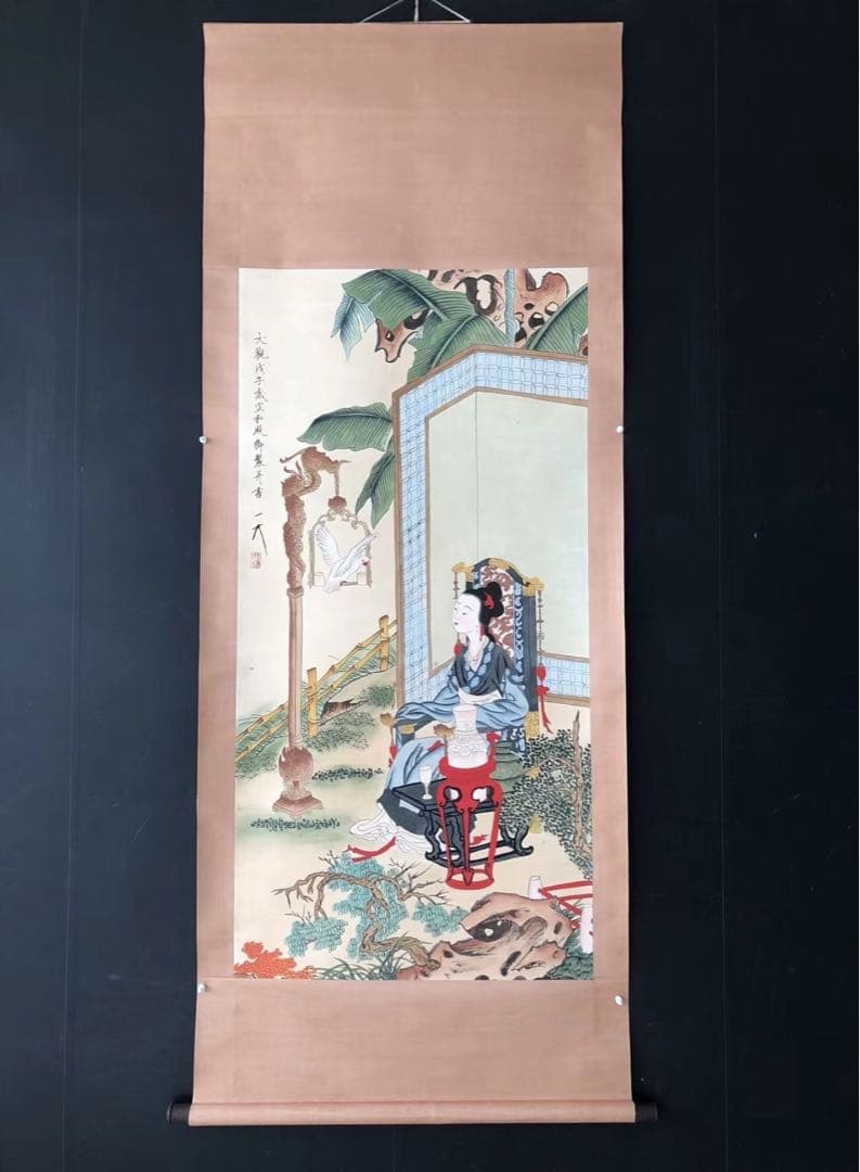 中国画 掛け軸 中堂 人物画 仕女 手描き 彩色 中国美術 インテリア