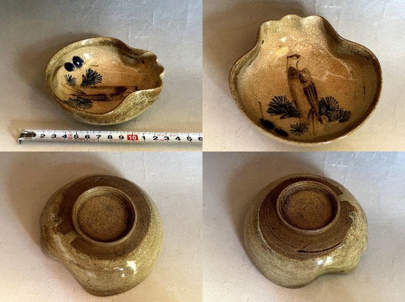 小鉢■古い鉢 鷹の図 絵瀬戸 鳥紋 瓢箪型 アテ皿 貫入皿 酒器時代物 骨董品■
