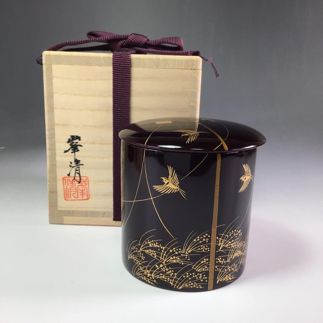 Ｒ５６５　四季棗　『塗師　峯清作』『夜桜　朝顔　稲雀　松喰鶴』　共箱　茶道具