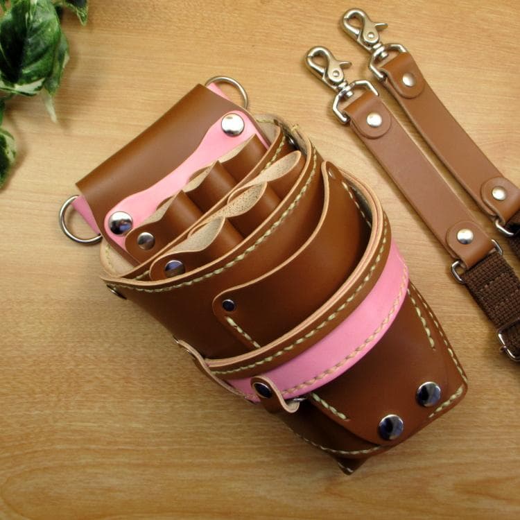 キャメル＆ピンク　６丁差し　本革　シザーケース　SCA-100/CCB