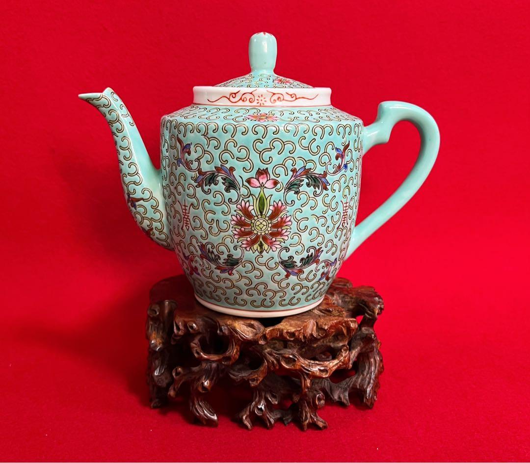 中国美術 粉彩福壽双全蝙蝠 壽 花柄 大茶壺 大急須 水注 中國景德鎮 茶道具