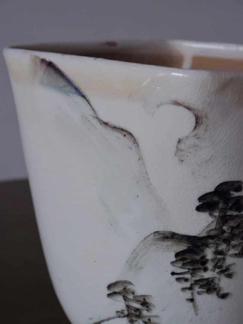 阿漕窯　水墨色絵　水指　陶磁工芸　箱付　資料付　茶道具Q2344