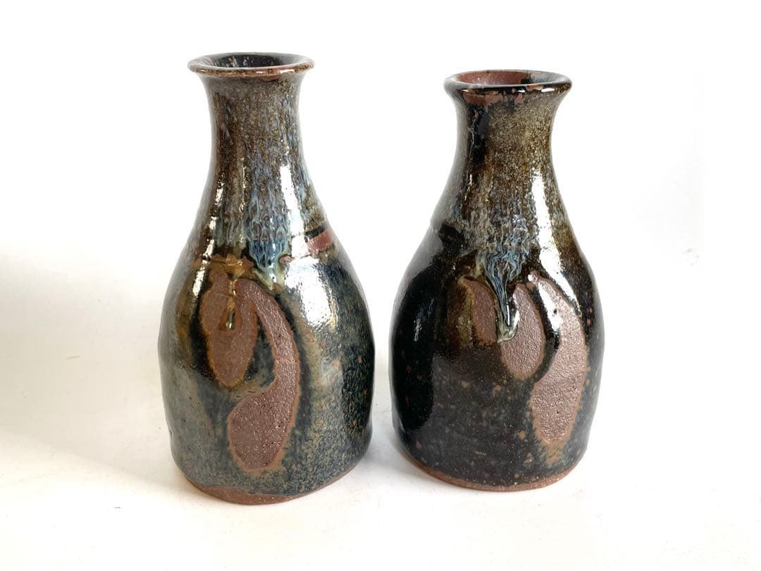 陶芸家　人間国宝　濱田庄司　浜田庄司　酒器　徳利　一対　共箱　指描　鉄釉　民藝