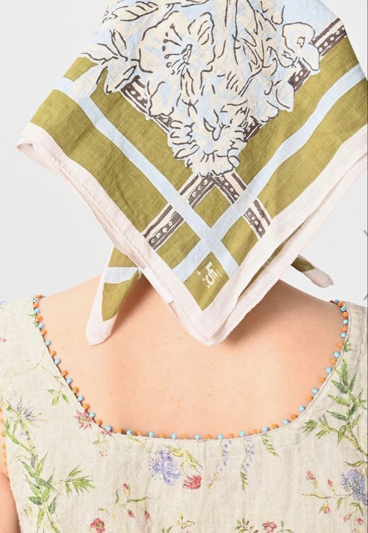 ４５R インド綿麻ダンガリー二重織フラワープリントのぽよんキャミソール