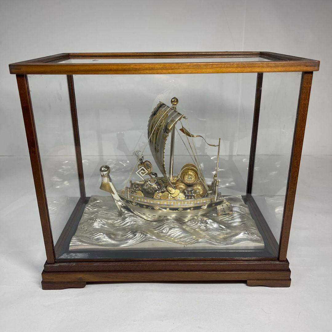 銀製 刻印 宝船 総重量 約2760g 置物 ガラスケース付