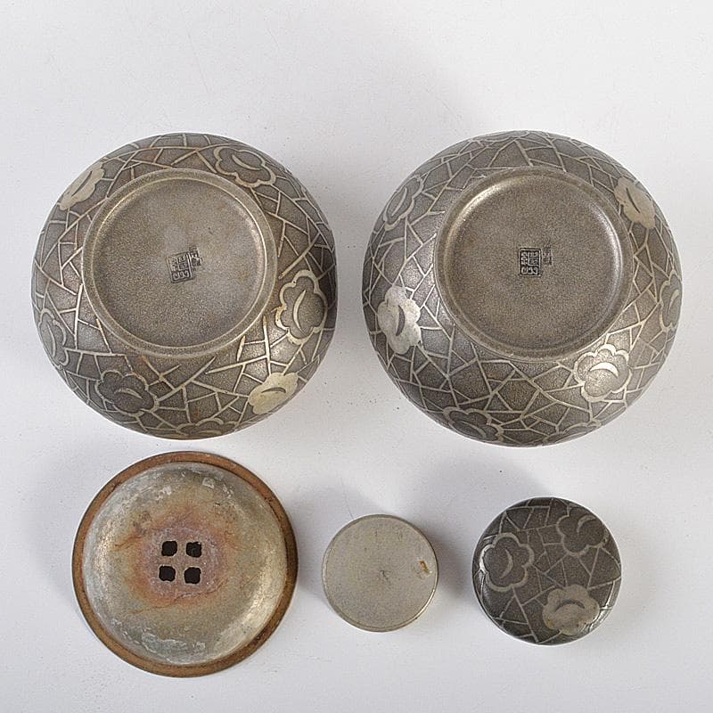 本錫　継山造　花文　茶壷　茶こぼし　茶托五客　合計約1027g　D　R6699