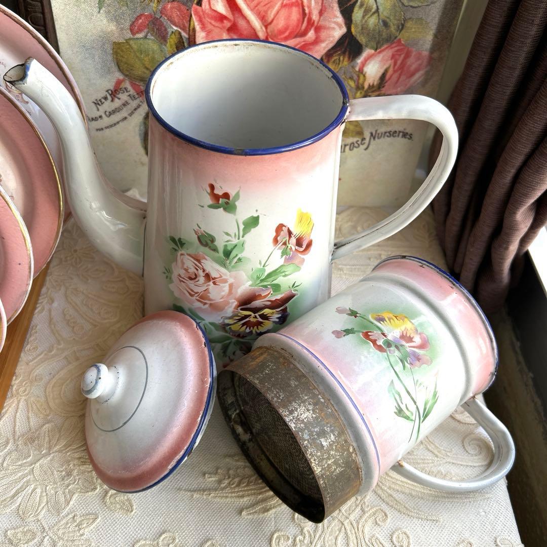 フランスアンティーク　Pink japy ホーローポット