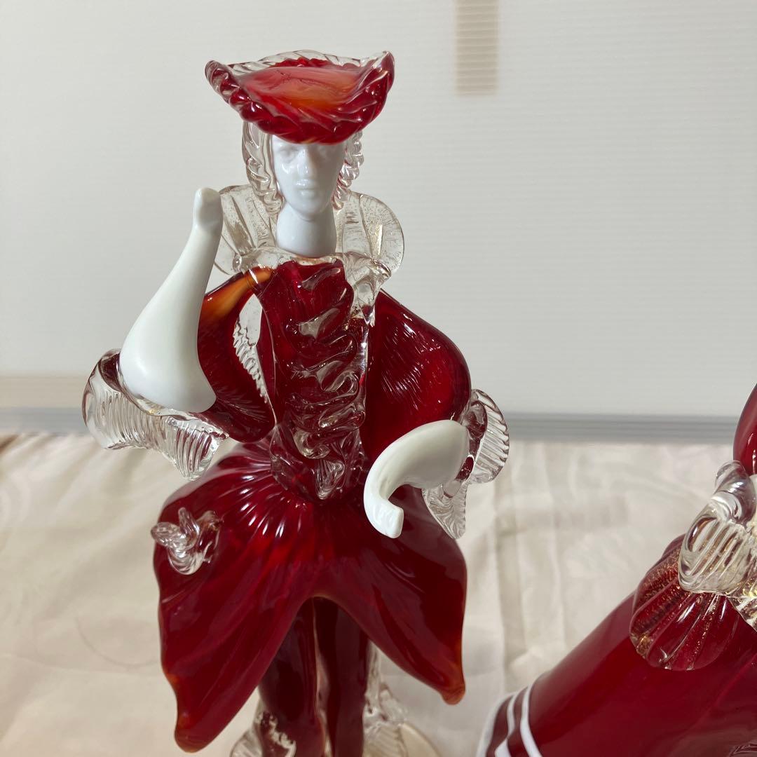 ベネチアンガラス美術品工芸品ムラーノガラスペア人形赤金彩