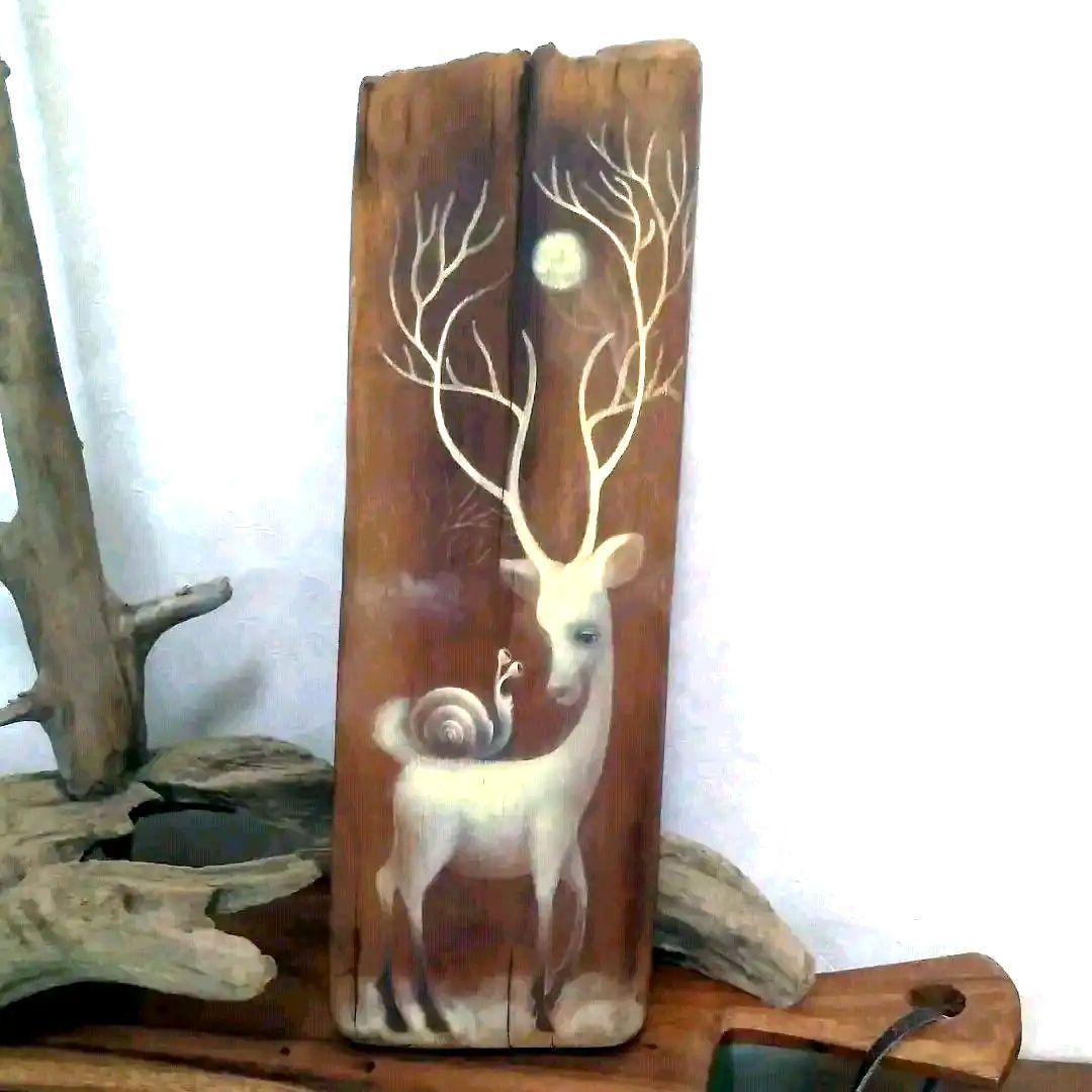一時値下げプロ作家流木絵画アート工芸品不思議な鹿？カタツムリ蝸牛月