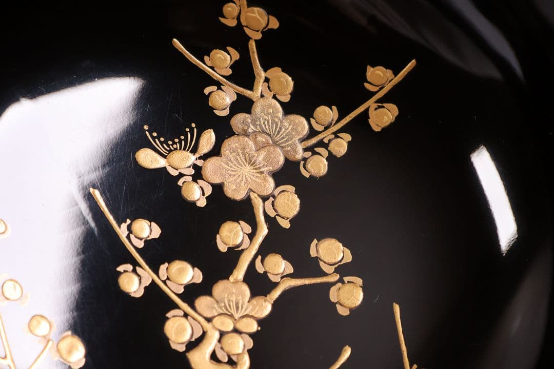 【CM232】古い木皿 五客 梅 金蒔絵 黒塗 小皿 菓子皿 木製漆器 大正昭和