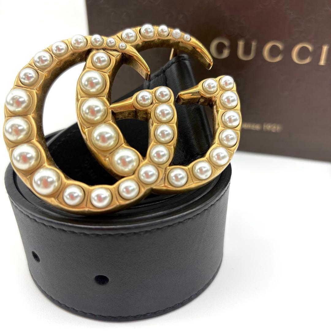 【極美品】GUCCI ベルト　GGマーモント　ビーズ　ダブルG　パール　装飾