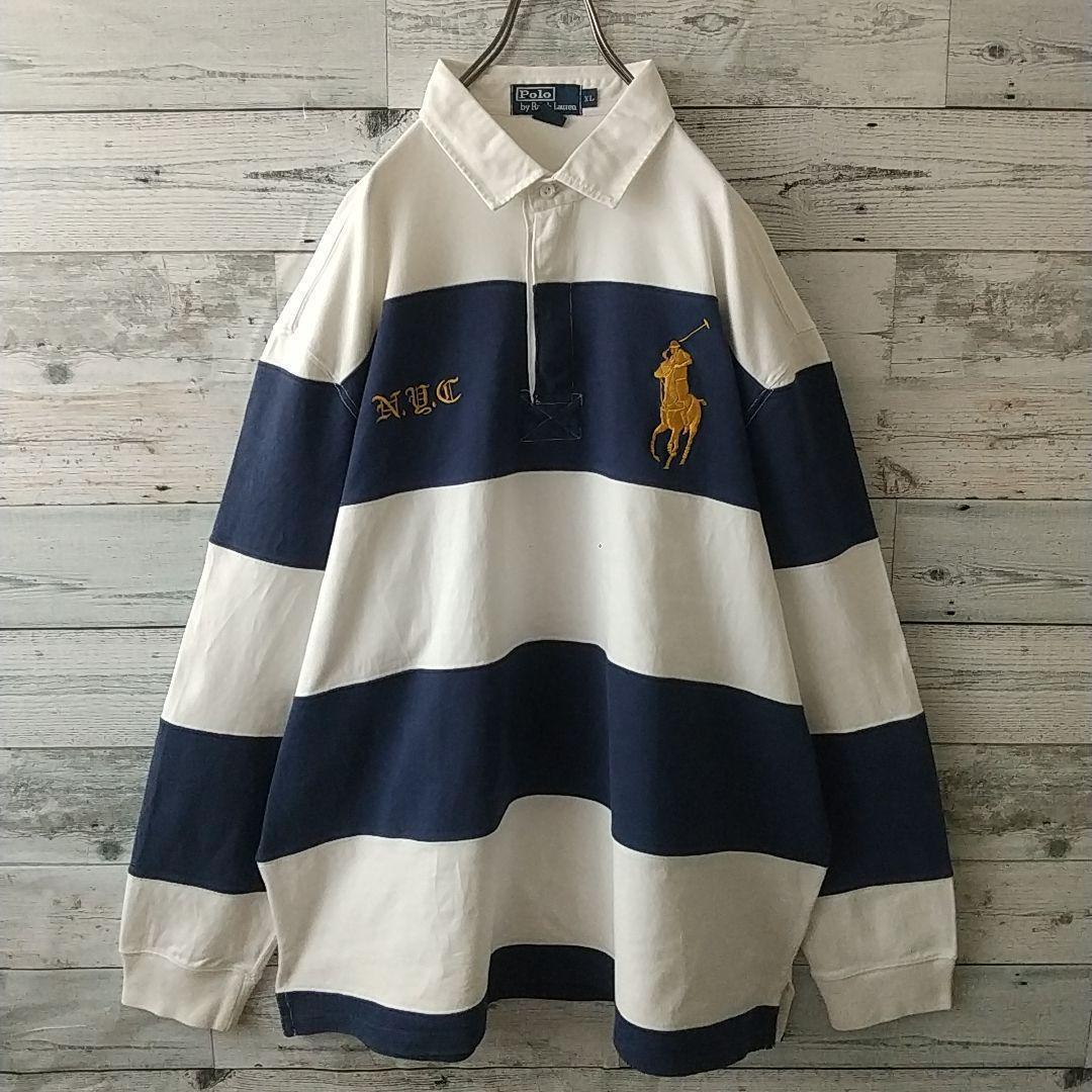 希少☆ポロバイラルフローレン 太ボーダー 刺繍 ビッグポニー ラガーシャツ 3L