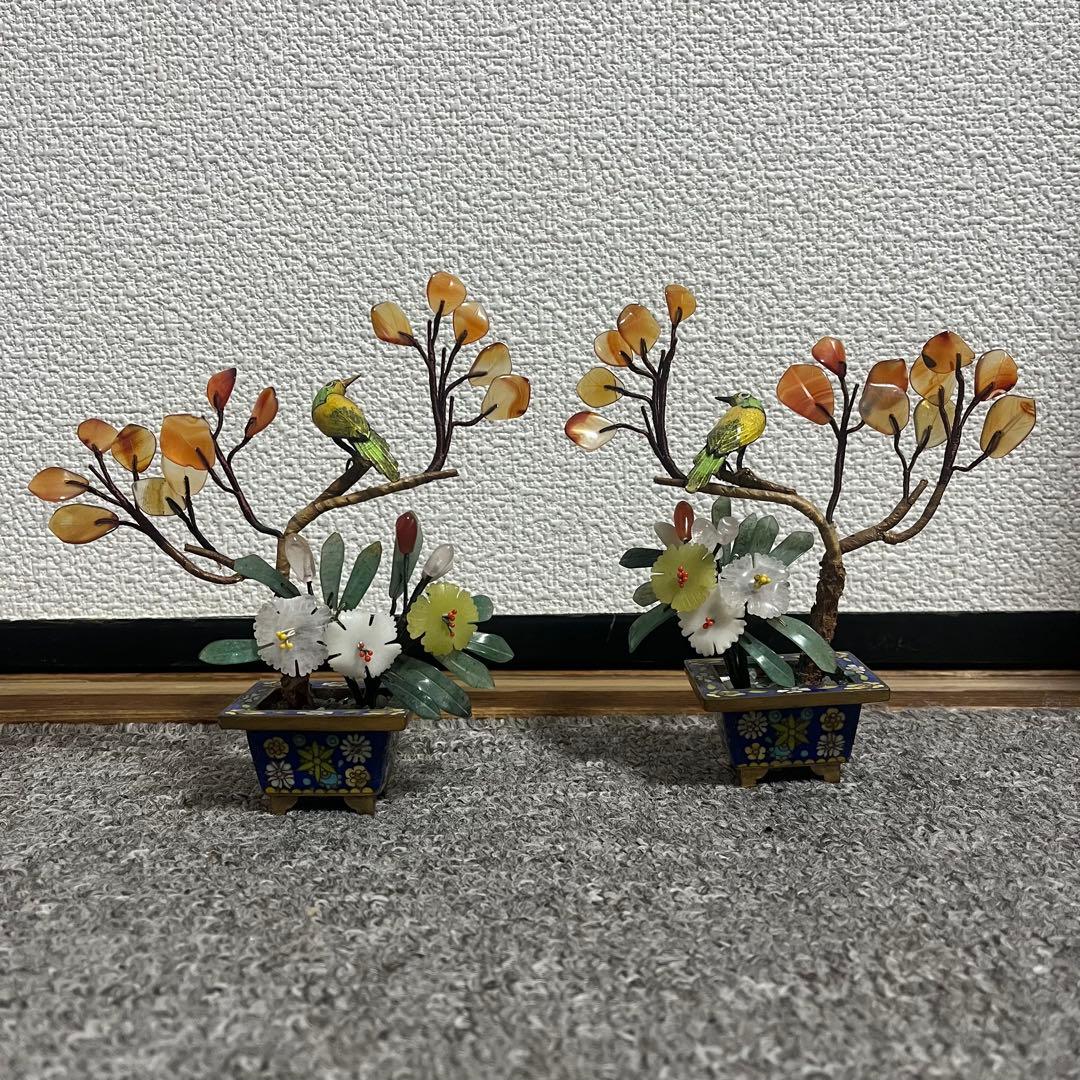 中国美術 古玩 七宝焼　玉石 瑪瑙 翡翠 彫刻 盆栽置物