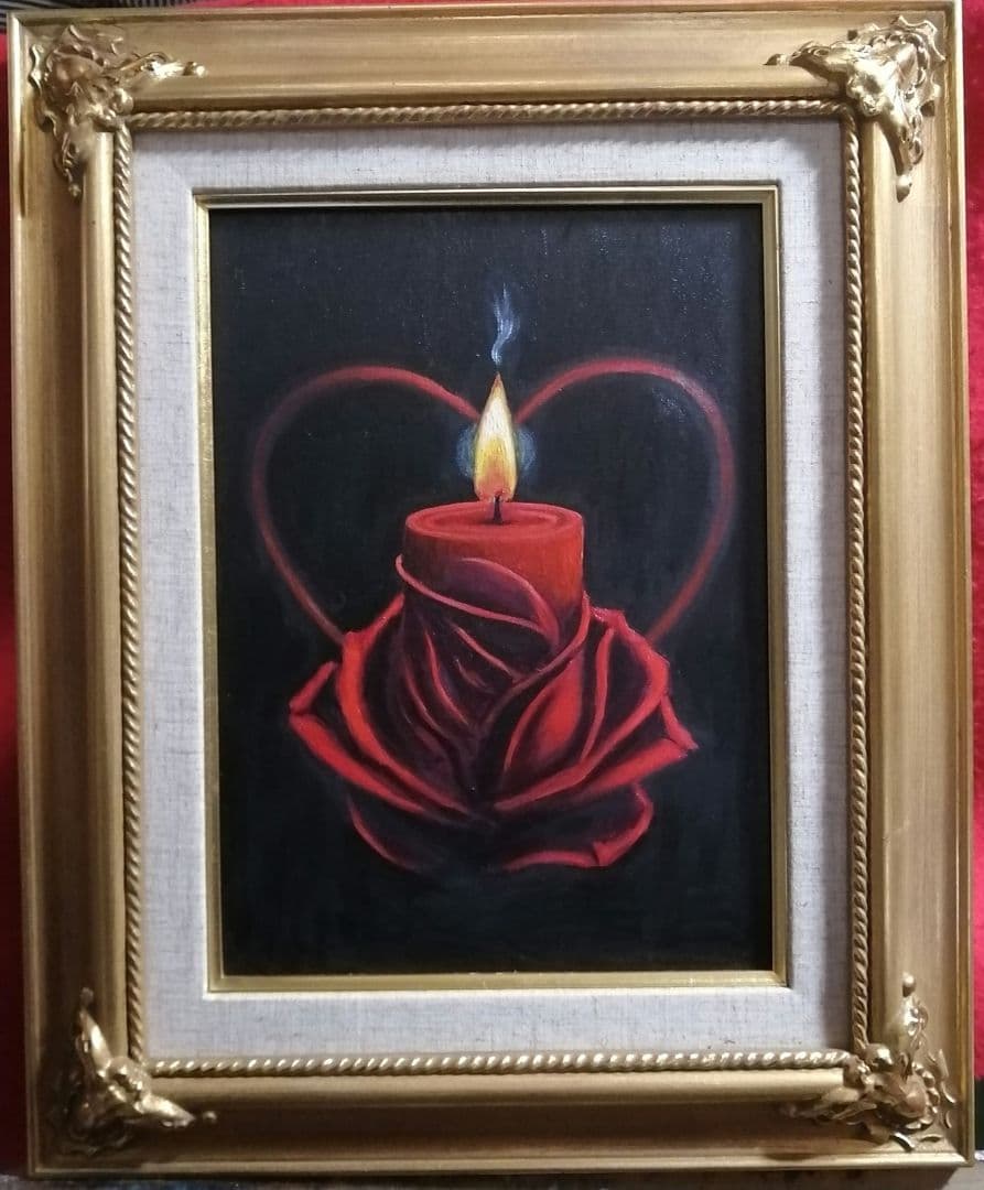 絵画　油絵　額縁　キャンバス　薔薇 ローソク　原画