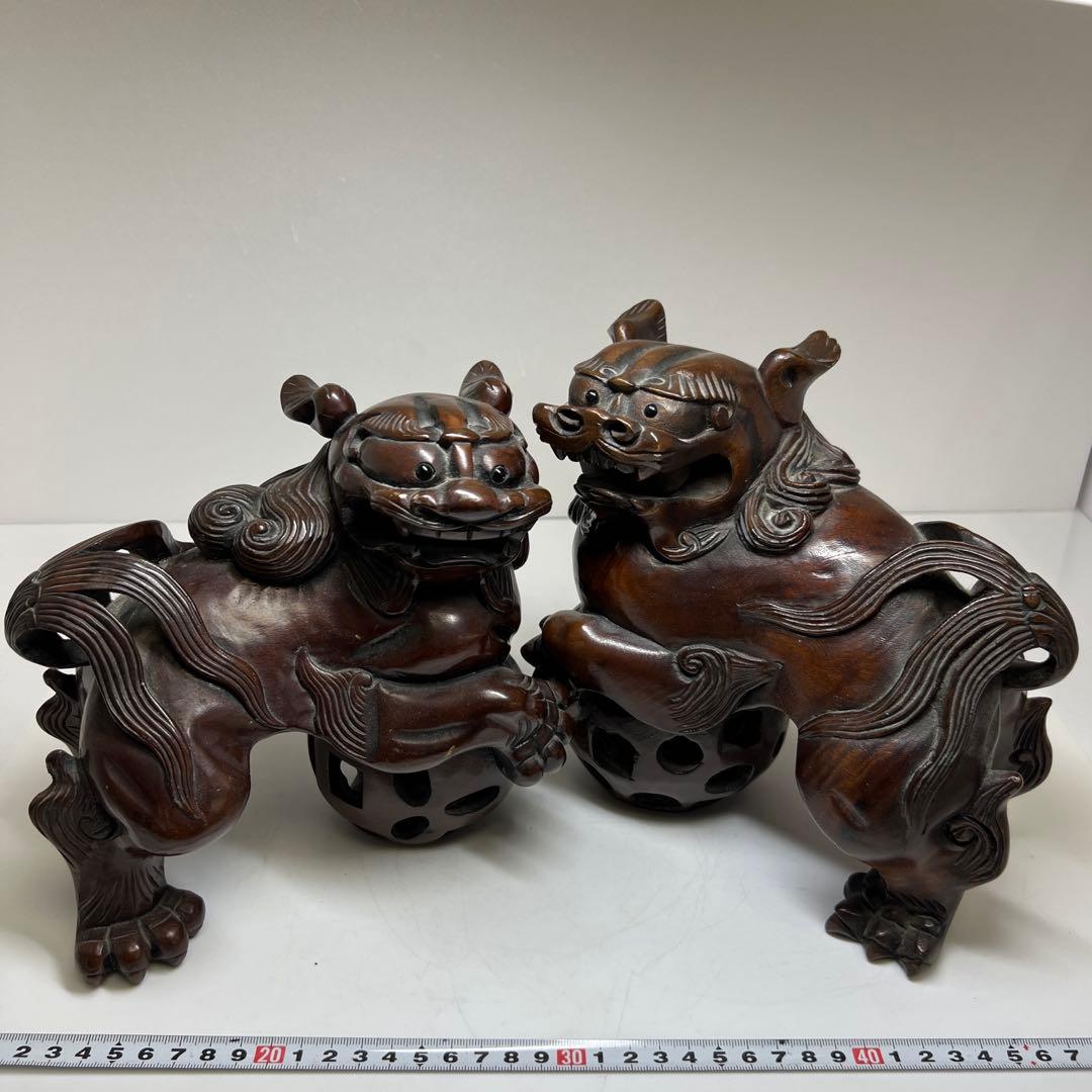木彫 大振獅子 一対 1757g 東キ7-1218①