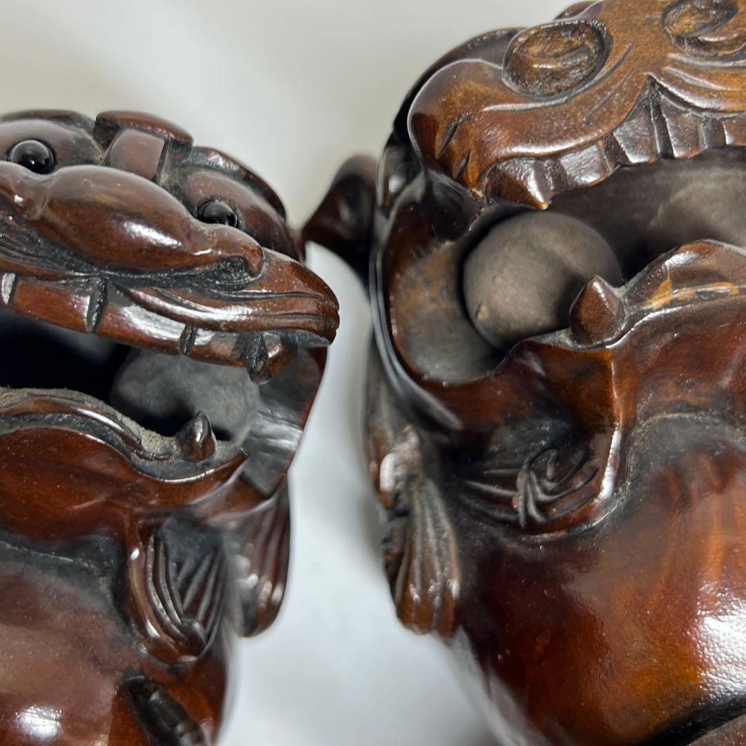 木彫 大振獅子 一対 1757g 東キ7-1218①