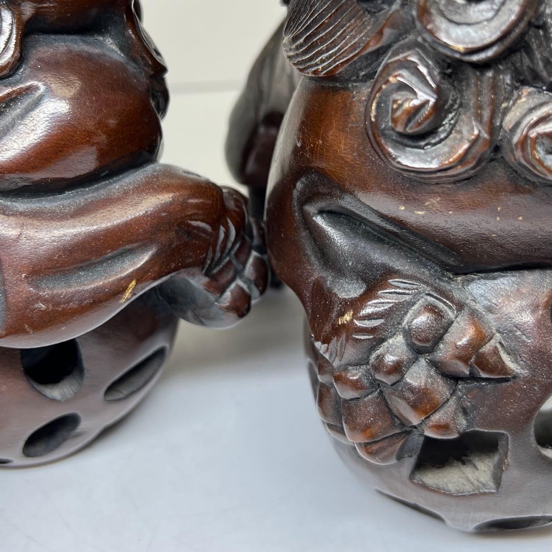 木彫 大振獅子 一対 1757g 東キ7-1218①