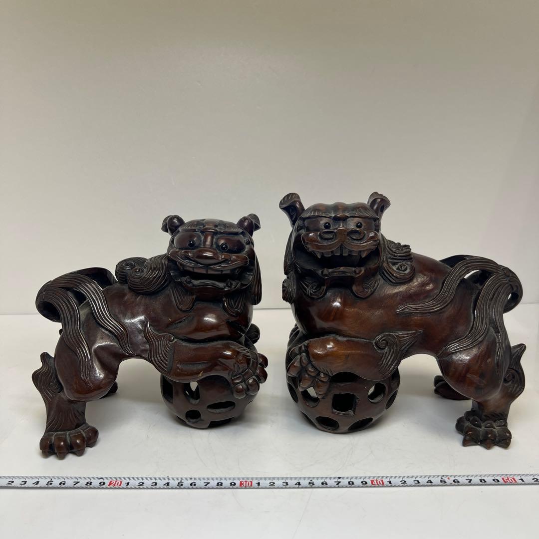木彫 大振獅子 一対 1757g 東キ7-1218①