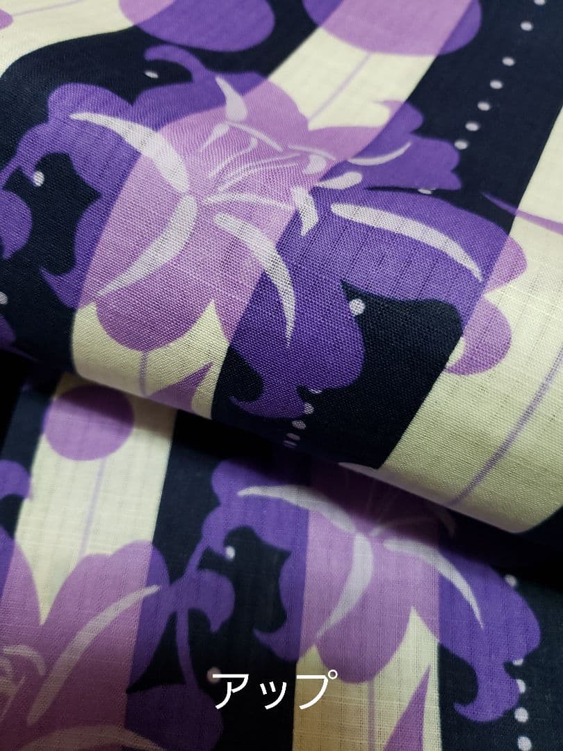 オール新品■変わり織，水玉×百合の花模様大人浴衣，半幅帯，特別帯留め付４点セット