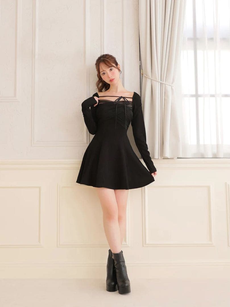 ワンピース m me eme Cross tulle flare mini onepiece