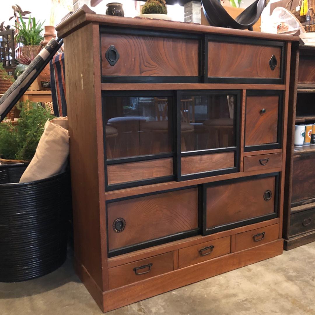 昭和アンティーク　茶棚　飾り棚　木製引き出し　ガラス戸付き　収納棚　茶箪笥　棚