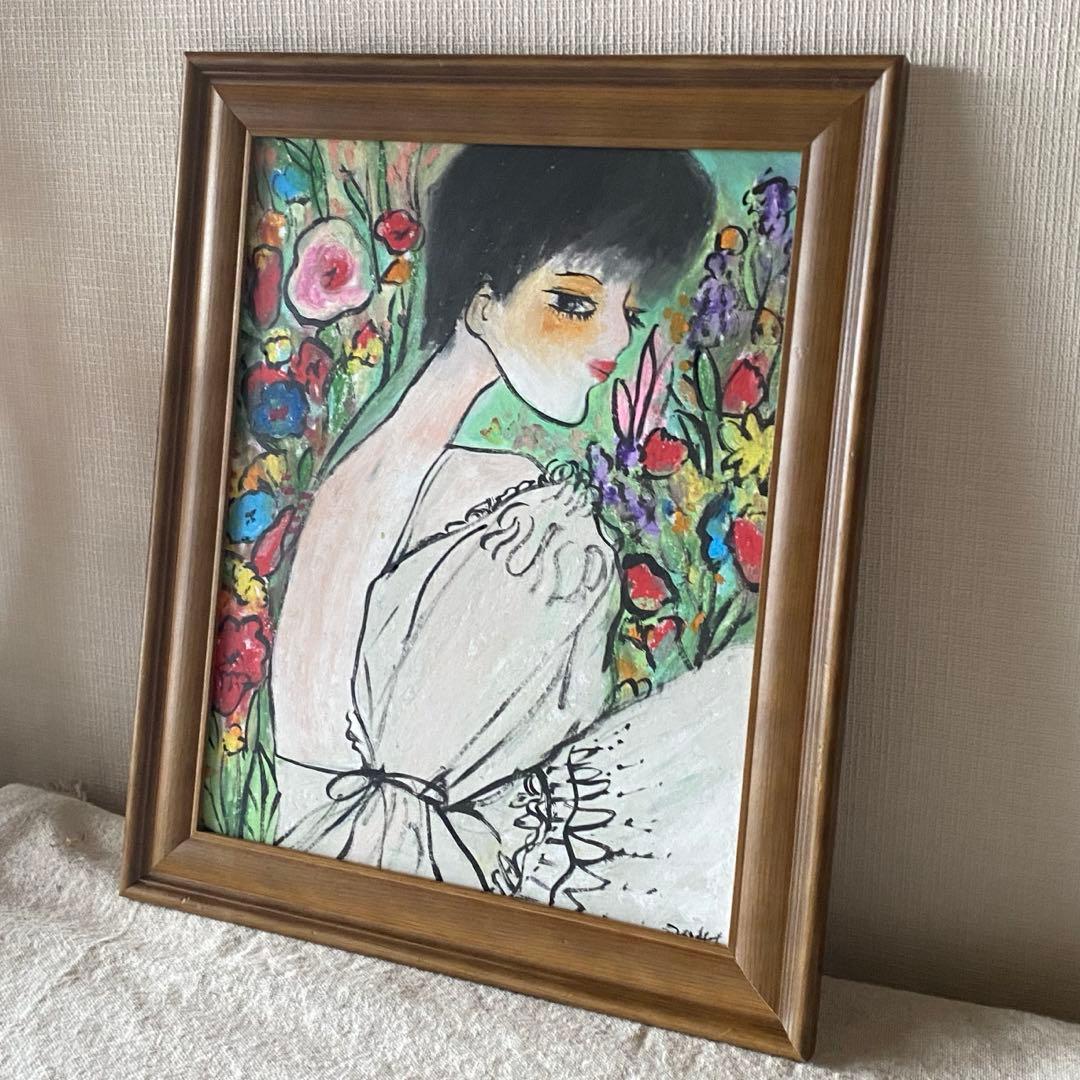 絵画 。壁掛け絵☆【きれいな白いスカートの女性が色とりどりの花を家に飾っている】