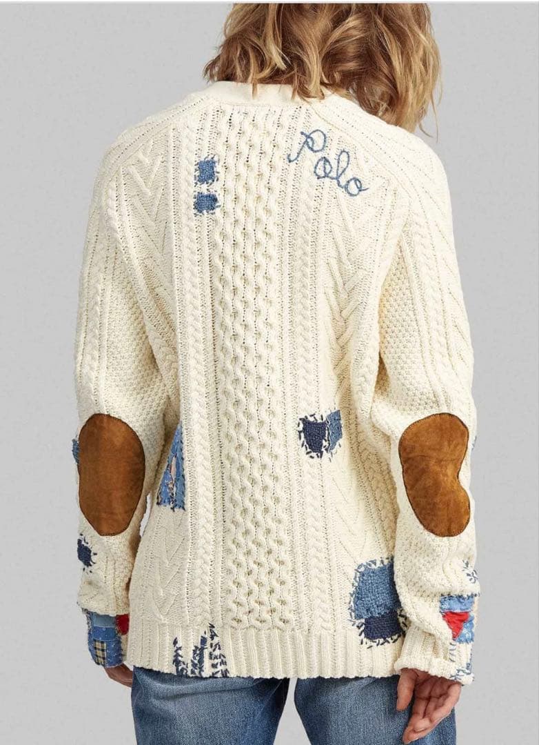 ポロラルフローレン コットン レザー エルボーパッチ パッチワーク カーディガン