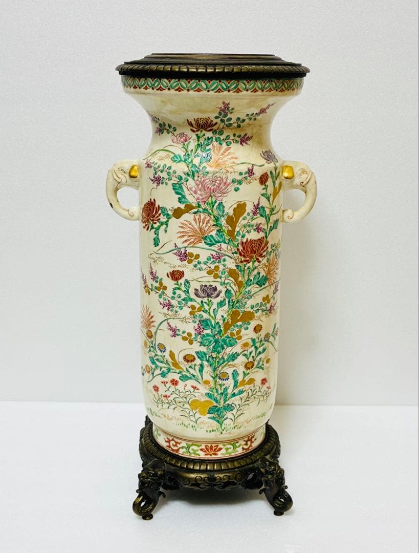 最終価格 明治 薩摩焼 京薩摩 9代帯山与兵衛 上絵金彩色絵草花文象耳付花瓶