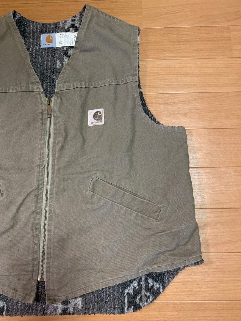 USA Carharttダック地ベスト 裏地ネイティブ柄 ボア ライナーXL