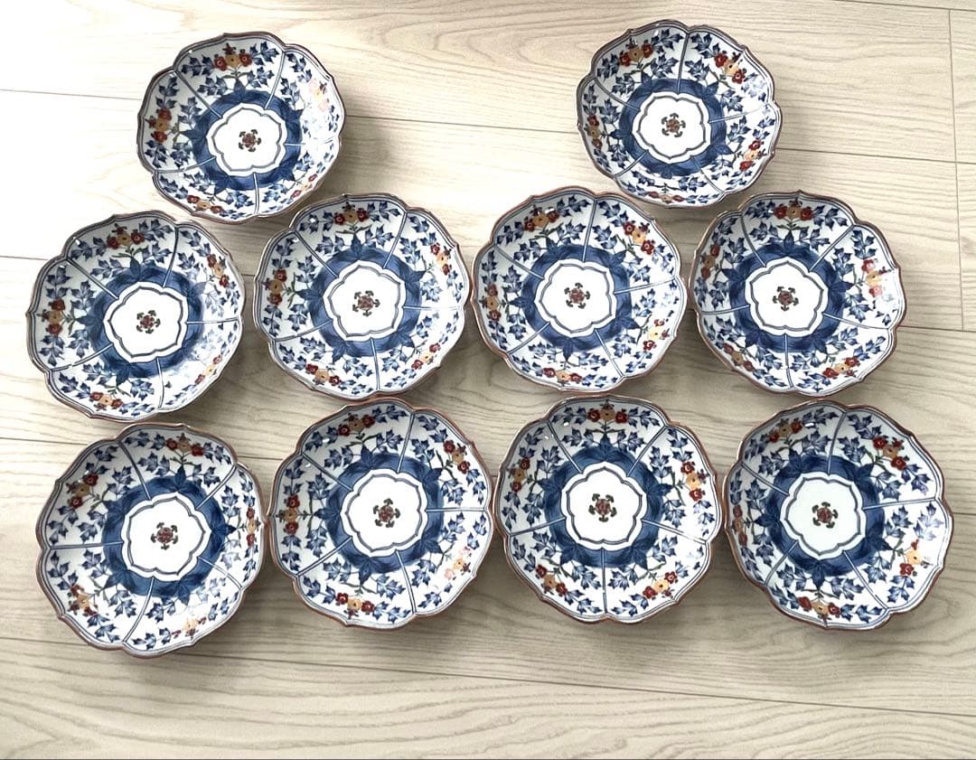 源右衛門 染錦草花文 和菓子皿 是米木窯 10客　染付　共箱