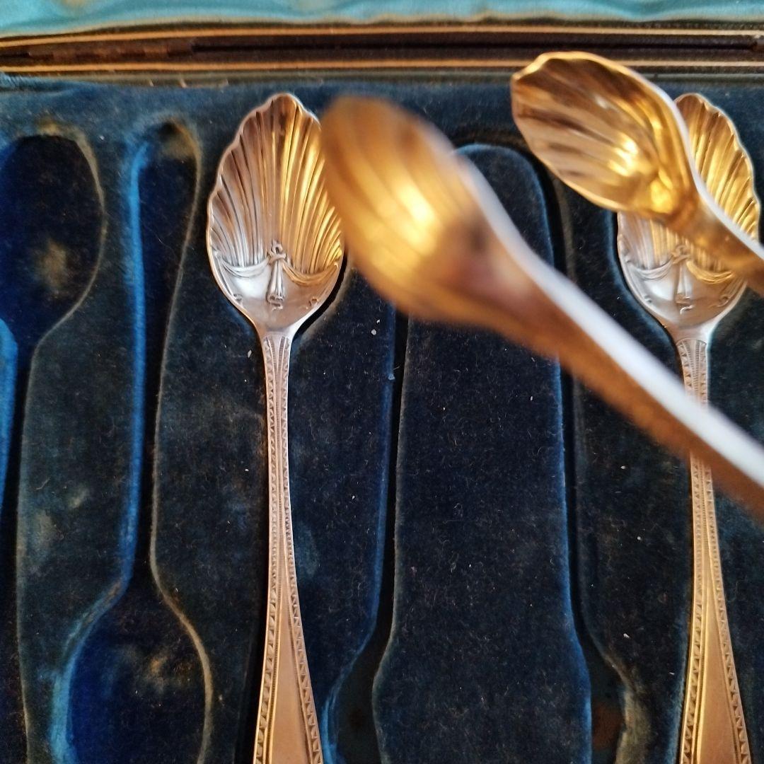 英国アンティーク　純銀製スプーンセット 6本+トング