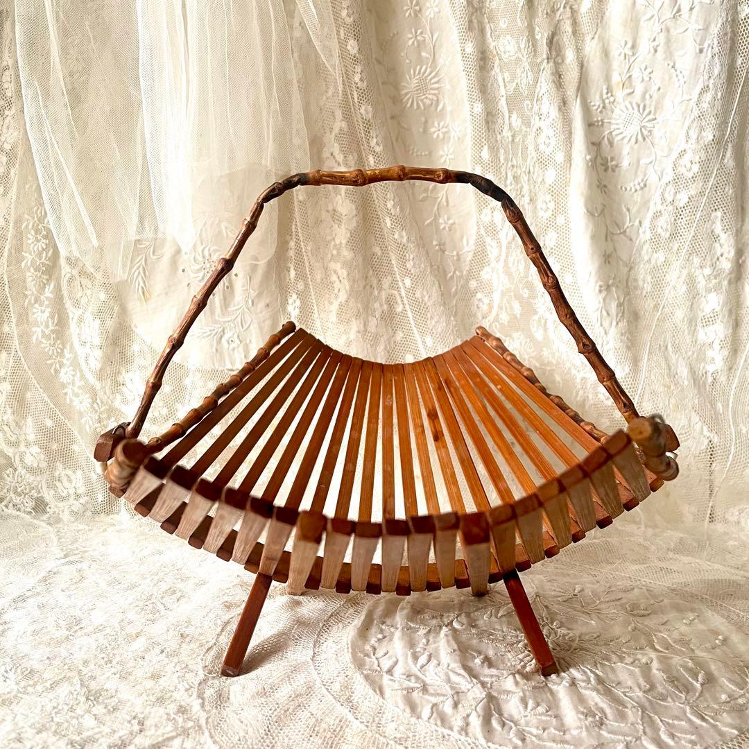 折り畳み式バンブーバスケット　パニエ　竹　北欧ヴィンテージ　デンマークかごカゴ籠